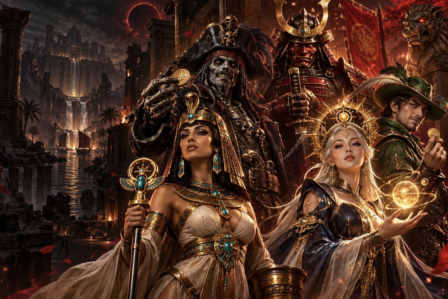 An ensemble of Egyptian, pirate, samurai and celestial game characters