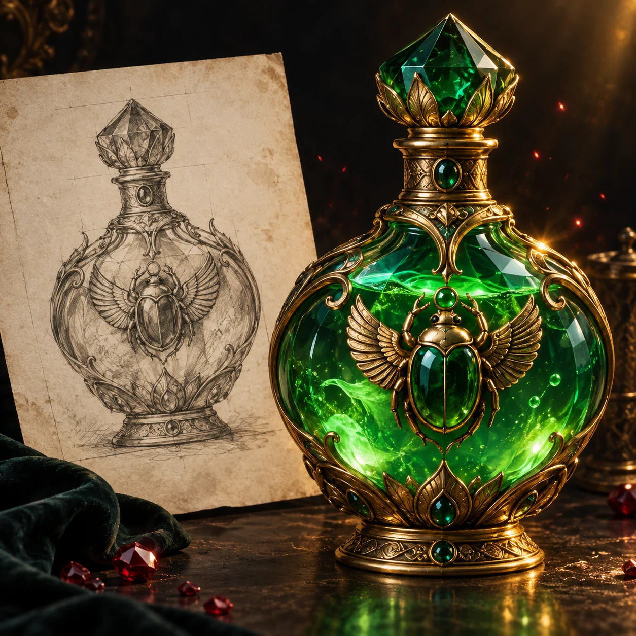 Concept sketch and finished emerald symbol